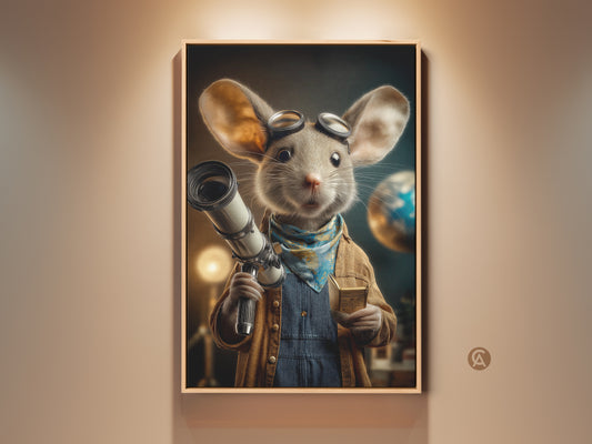 Mouse Explorer Art Print. A charming mouse adventurer with vintage goggles holds a telescope. This travel-themed art piece is ideal for a study room or office. The artwork blends whimsy with a vintage touch. It adds unique character to any space. Perfect as a gift for dreamers and travelers.