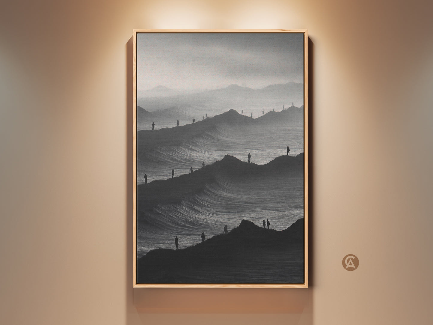 Modern monochrome art print featuring a surreal mountainscape. Solitary figures accent the black and white abstract terrain. A minimalist canvas art piece perfect as bedroom decor. This scenic mountain artwork adds a conceptual touch to any modern home. It's a great travel inspired gift idea.