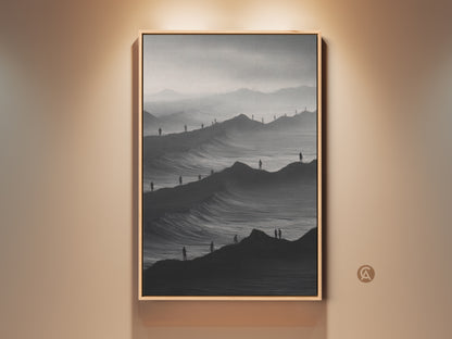 Modern monochrome art print featuring a surreal mountainscape. Solitary figures accent the black and white abstract terrain. A minimalist canvas art piece perfect as bedroom decor. This scenic mountain artwork adds a conceptual touch to any modern home. It's a great travel inspired gift idea.