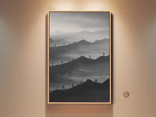 Modern monochrome art print featuring a surreal mountainscape. Solitary figures accent the black and white abstract terrain. A minimalist canvas art piece perfect as bedroom decor. This scenic mountain artwork adds a conceptual touch to any modern home. It's a great travel inspired gift idea.