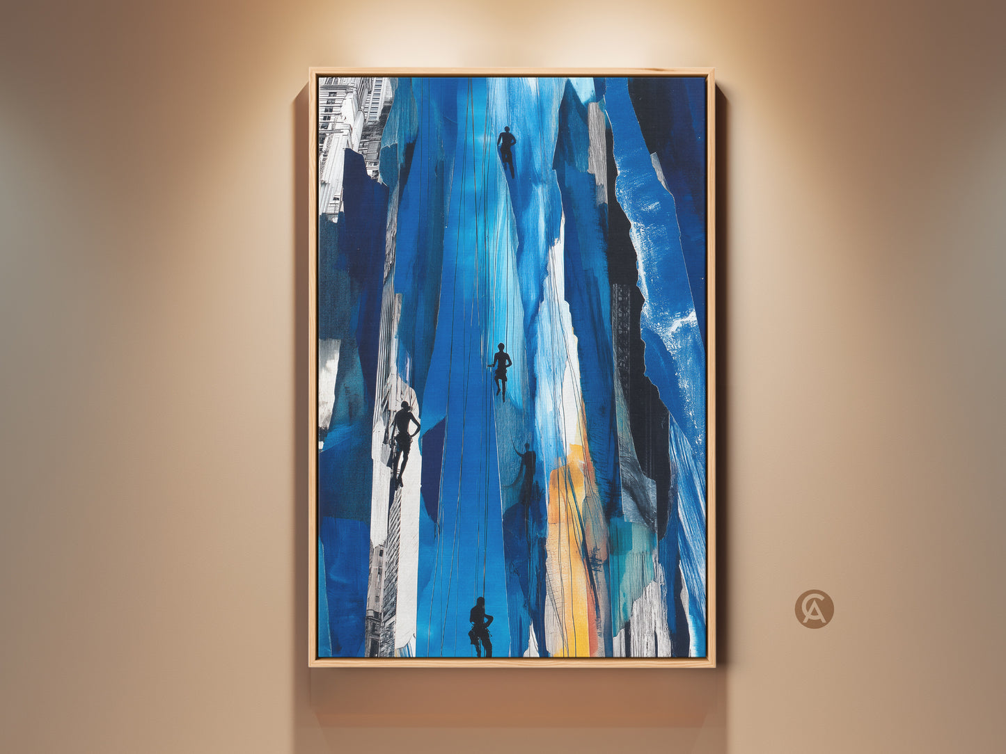 Gallery view showcases the 'Urban Climber Blue Print' abstract art. The deep blue artwork captures silhouettes of climbers. A sophisticated piece for modern office decor. It adds a touch of adventure to any workspace. The contemporary artwork is a focal point.