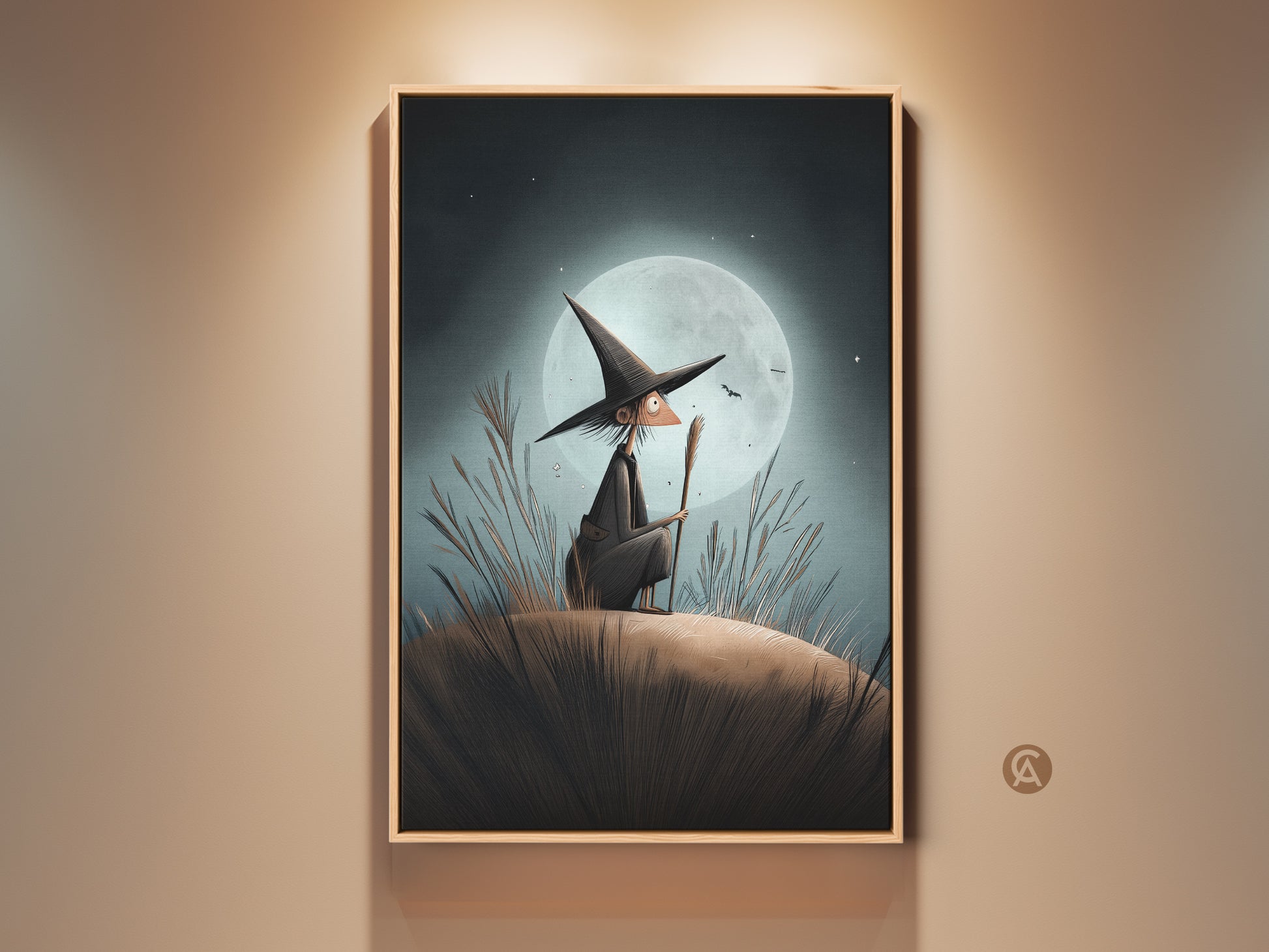 Whimsical witch art print on a wall. This Halloween witch artwork features a moon and stars canvas. Dark blue and brown tones create an eclectic decor piece. A perfect fantasy witchy gift for teal home art lovers.