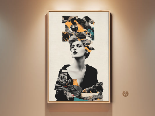Framed abstract collage art print. A vintage style woman portrait with black and orange retro elements. It makes a unique eclectic canvas art for wall decor. The artwork enhances any room with its bold and fashionable aesthetic. A perfect gift for the art and fashion enthusiasts.