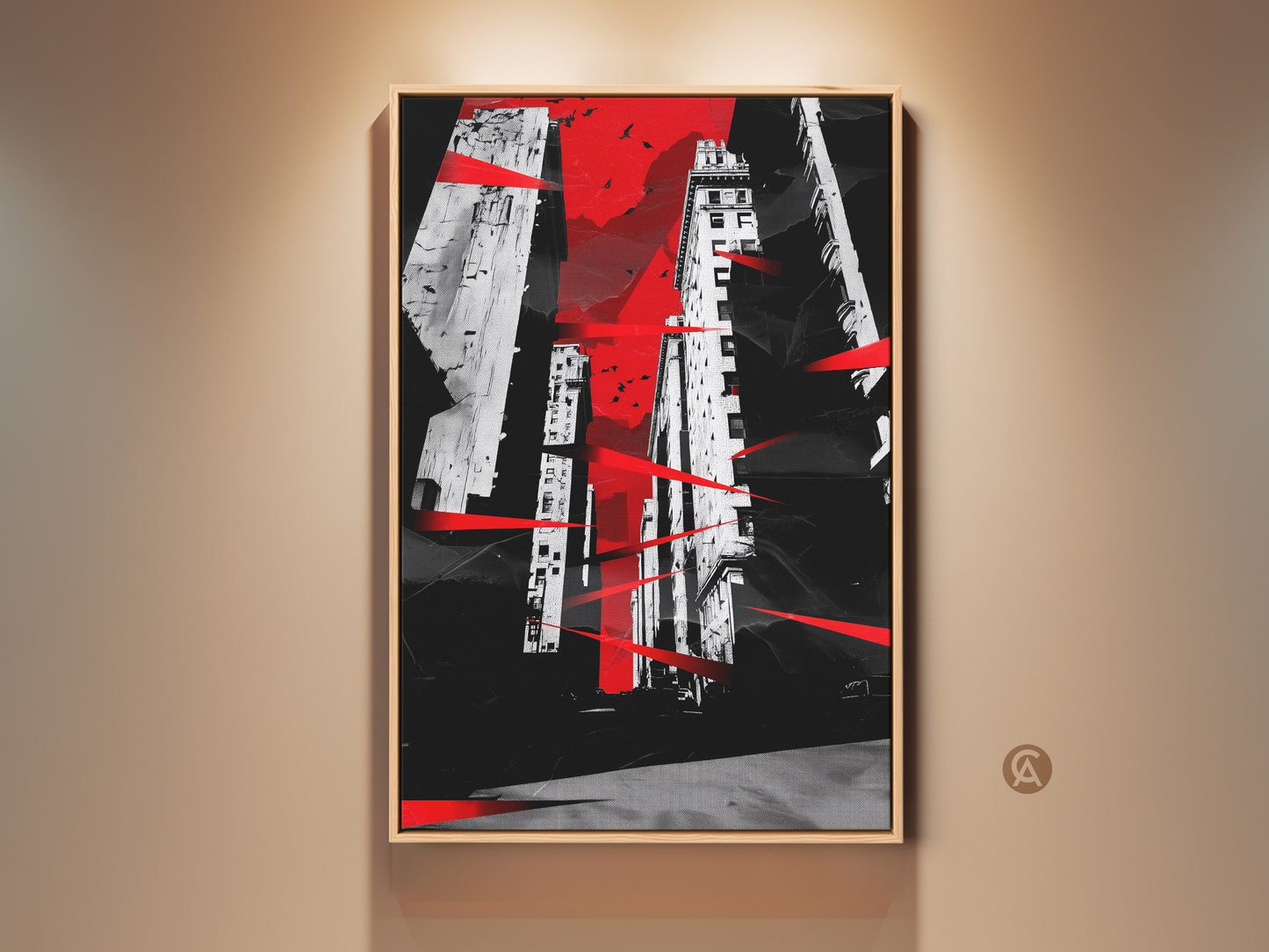 Framed abstract cityscape wall art. This red black and white canvas print features modern urban architecture. Contemporary office artwork with bird accents for an entryway or living room. A striking piece for city dwellers adding a modern touch to any home decor.