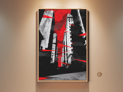 Framed abstract cityscape wall art. This red black and white canvas print features modern urban architecture. Contemporary office artwork with bird accents for an entryway or living room. A striking piece for city dwellers adding a modern touch to any home decor.