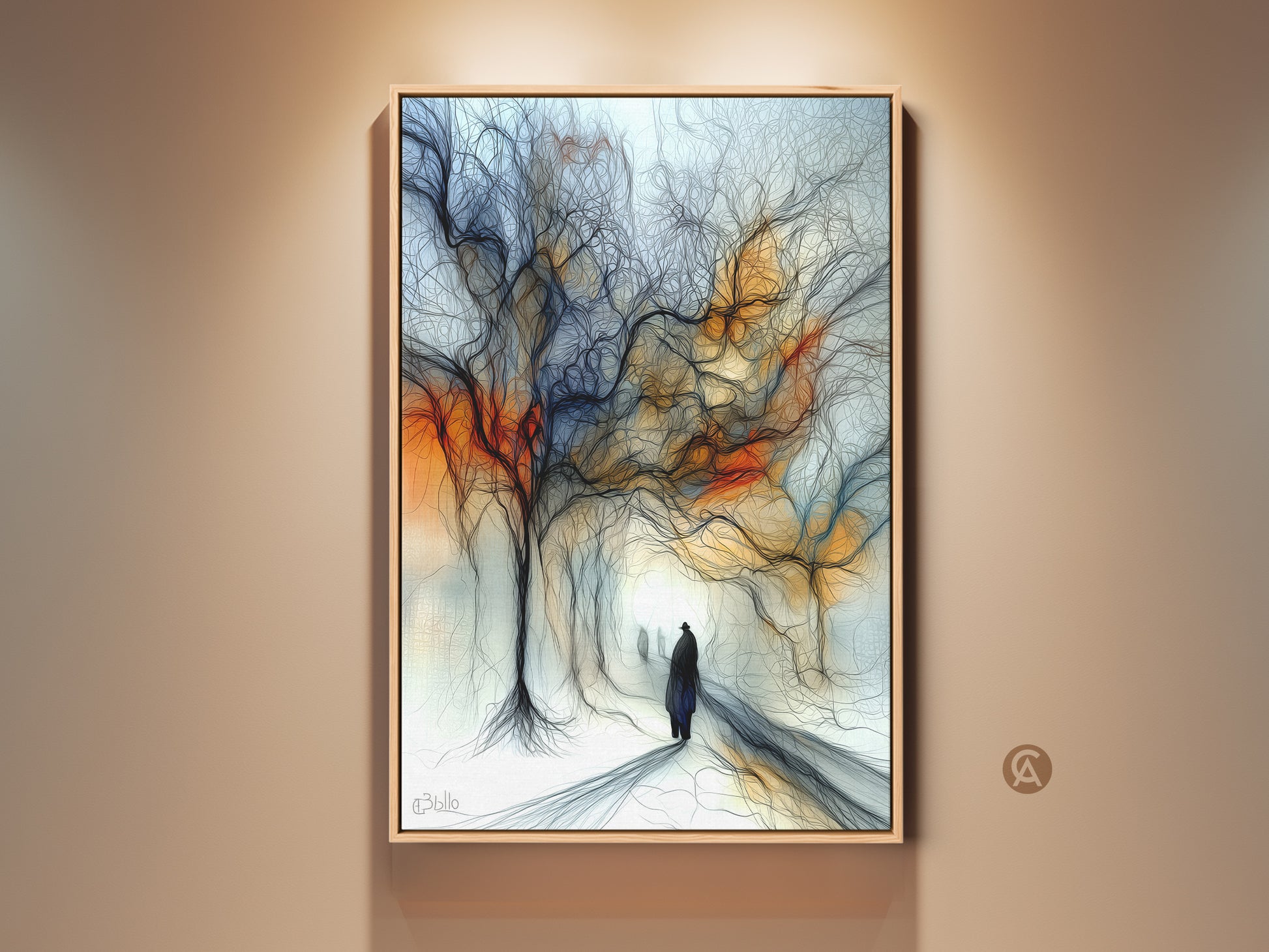 Framed expressive tree landscape art. It features an abstract figurative figure. The artwork is in an orange and blue eclectic style. Perfect gift for art lovers.  The floating frame enhances the artwork.