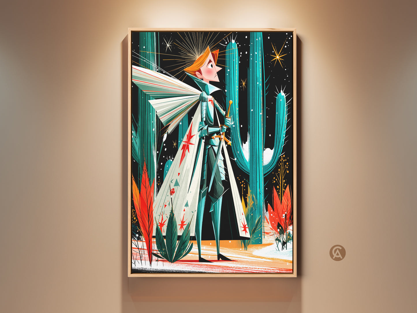 Framed fantasy knight art print. This retro desert artwork features mid-century modern teal orange and green artwork. An eclectic gift for any room or space. Perfect art print for fantasy lovers and decor!