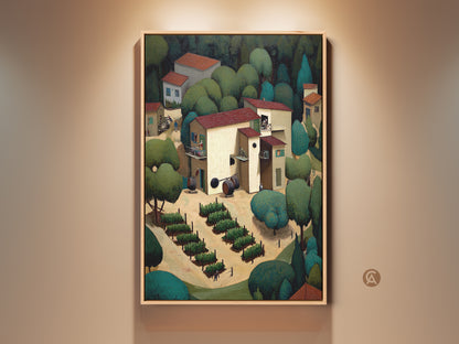 Rustic vineyard landscape wall art features a charming village scene. This folk art print showcases warm terracotta and earthy green tones. It's a unique housewarming gift for wine enthusiasts adding countryside charm to any residential space.