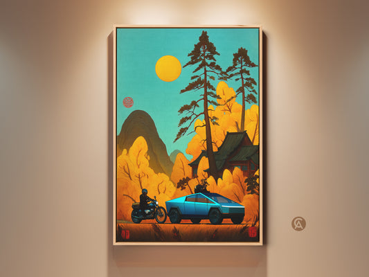 Japanese retro artwork showcases a teal Cybertruck and motorcycle. The scene includes a yellow sun and Asian-inspired architecture. This eclectic home decor art print is ideal for car enthusiasts. It's a unique housewarming gift featuring a cool motorcycle poster vibe. The blend of nature and futuristic elements creates a striking visual.