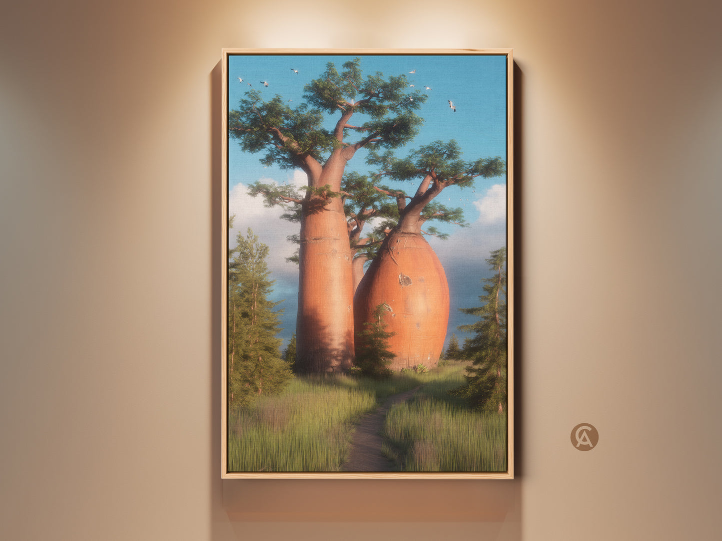 Framed scenic Baobab tree art print displayed in a home setting. This African landscape canvas features a vibrant orange and blue sky. Birds add a touch of boho travel wall decor. The artwork enhances any living room or bedroom.