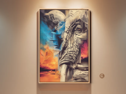 Gallery view of an Abstract Elephant Art Print. The artwork features a surreal moon and gold blue canvas. This eclectic home decor is a great animal gift idea. The elephant is set against abstract geometric elements. The colors are striking palettes of orange gold and blue.