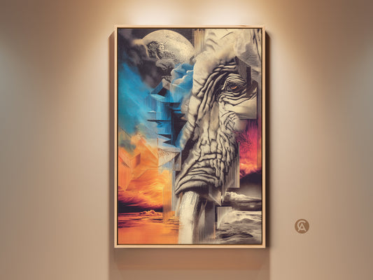 Gallery view of an Abstract Elephant Art Print. The artwork features a surreal moon and gold blue canvas. This eclectic home decor is a great animal gift idea. The elephant is set against abstract geometric elements. The colors are striking palettes of orange gold and blue.