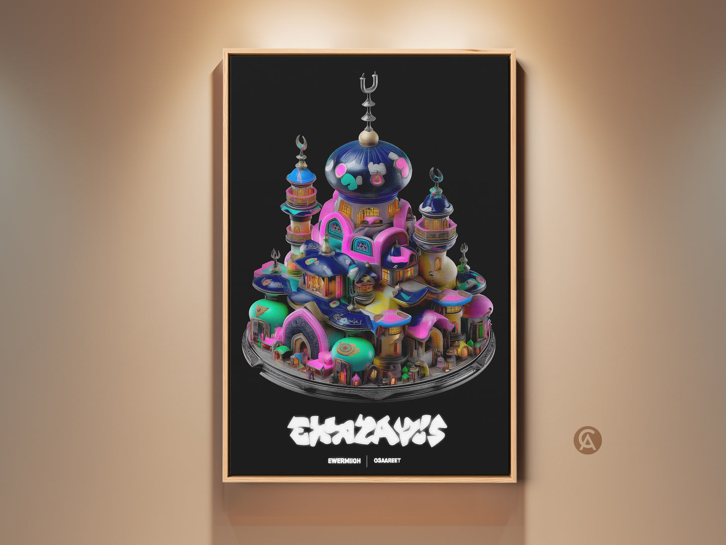 A surreal mosque fantasy town canvas print. Eclectic home artwork showcases teal pink and blue abstract architecture. This unique wall hanging is perfect for fantasy art collectors. A vibrant addition ideal as a housewarming gift for fans of islamic style architecture art.