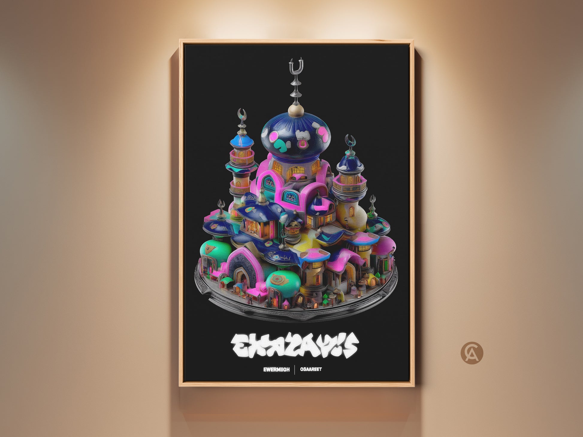 A surreal mosque fantasy town canvas print. Eclectic home artwork showcases teal pink and blue abstract architecture. This unique wall hanging is perfect for fantasy art collectors. A vibrant addition ideal as a housewarming gift for fans of islamic style architecture art.