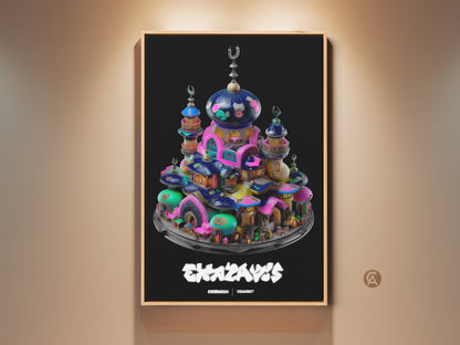 A surreal mosque fantasy town canvas print. Eclectic home artwork showcases teal pink and blue abstract architecture. This unique wall hanging is perfect for fantasy art collectors. A vibrant addition ideal as a housewarming gift for fans of islamic style architecture art.