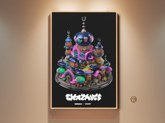 A surreal mosque fantasy town canvas print. Eclectic home artwork showcases teal pink and blue abstract architecture. This unique wall hanging is perfect for fantasy art collectors. A vibrant addition ideal as a housewarming gift for fans of islamic style architecture art.