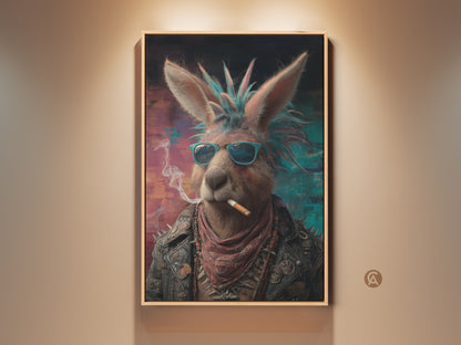 This is a striking Punk Kangaroo canvas art piece. It is perfect for adding an urban eclectic vibe to any man cave or music room. The animal portrait showcases a kangaroo in a leather jacket and sunglasses. The teal and pink abstract art adds a modern edgy feel. It would be a cool gift for him or any music enthusiast. It will certainly bring a rock-and-roll attitude to your space.