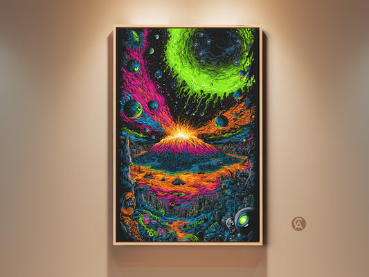 Vibrant volcano artwork in a wooden frame. This colorful art print features a volcano erupting into space. The artwork includes planets and cityscapes. A unique piece to add to your home decor collection.