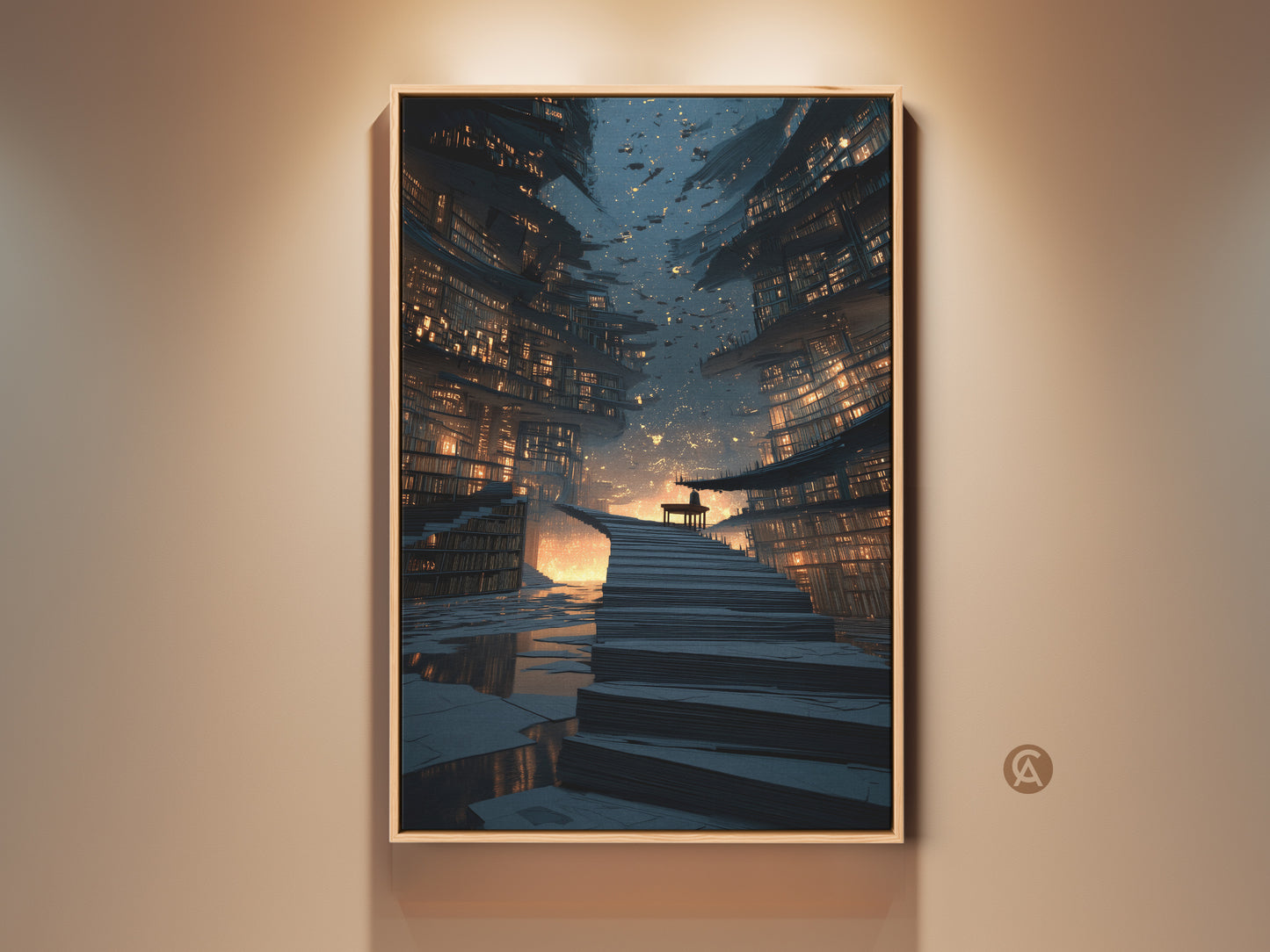 Framed futuristic cityscape canvas art. The artwork features a bookshelf staircase. Navy gold and orange colors create a surreal science fiction aesthetic. Perfect book lover gift wall art for a study room or modern office. High detail and ready to hang.