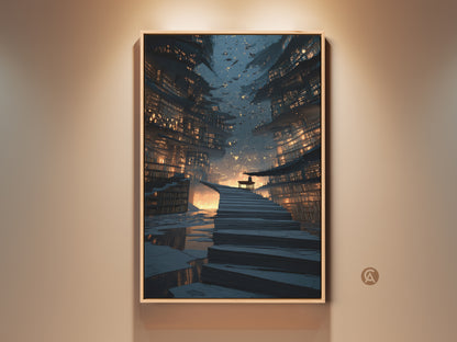 Framed futuristic cityscape canvas art. The artwork features a bookshelf staircase. Navy gold and orange colors create a surreal science fiction aesthetic. Perfect book lover gift wall art for a study room or modern office. High detail and ready to hang.