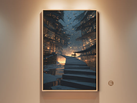 Framed futuristic cityscape canvas art. The artwork features a bookshelf staircase. Navy gold and orange colors create a surreal science fiction aesthetic. Perfect book lover gift wall art for a study room or modern office. High detail and ready to hang.