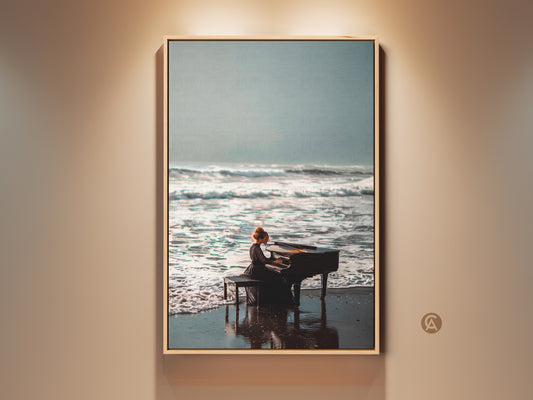 Framed artwork of a woman playing a piano on a beach. Ocean waves crash around her. The art is displayed in a warm-toned frame. This piano art adds a touch of surrealism to any room. Shop now to bring musical inspiration into your home decor.