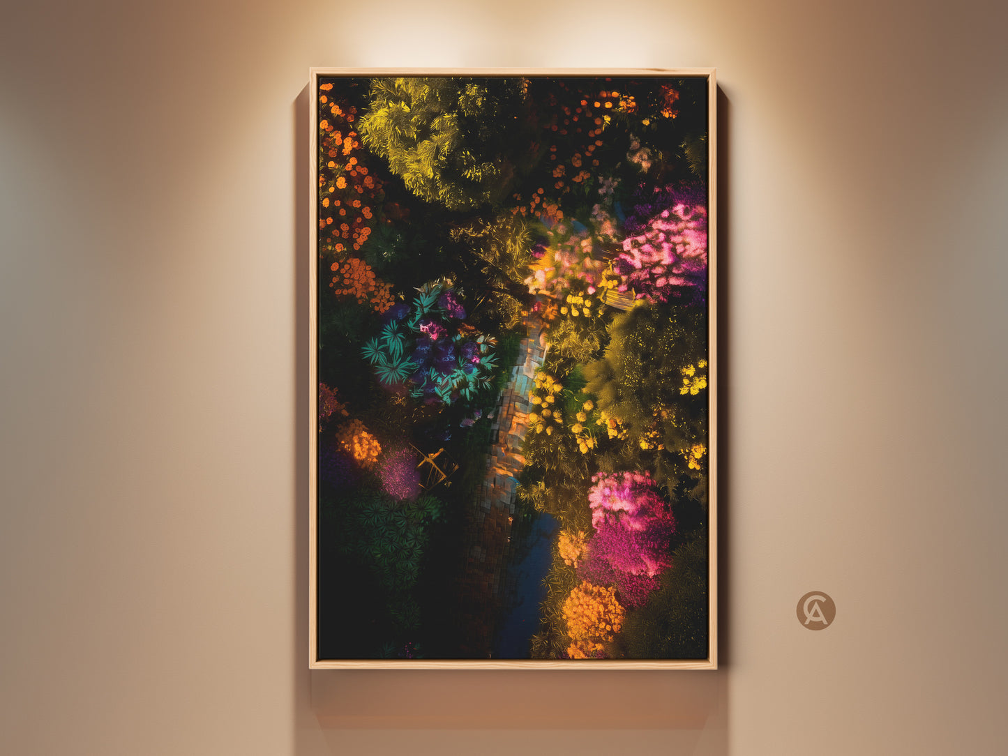 Framed aerial garden artwork on a beige wall. This vibrant botanical art print brings nature indoors. The floating frame enhances the colorful foliage creating a focal point. Perfect wall decor to brighten any space. Shop framed garden art today.