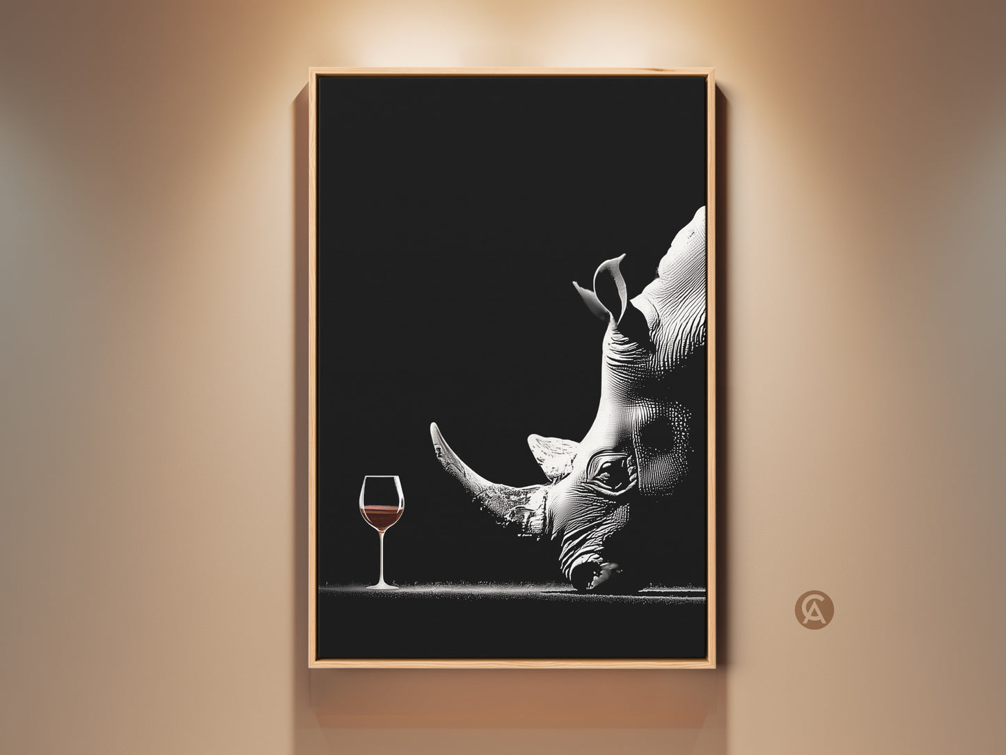 Enhance your space with this surreal rhino art print. A monochrome wildlife canvas features a rhino with a wine glass. Perfect contemporary decor for a home office or a unique animal gift. Add an elegant and unusual artwork piece. This black and white animal art will be a great conversation starter.