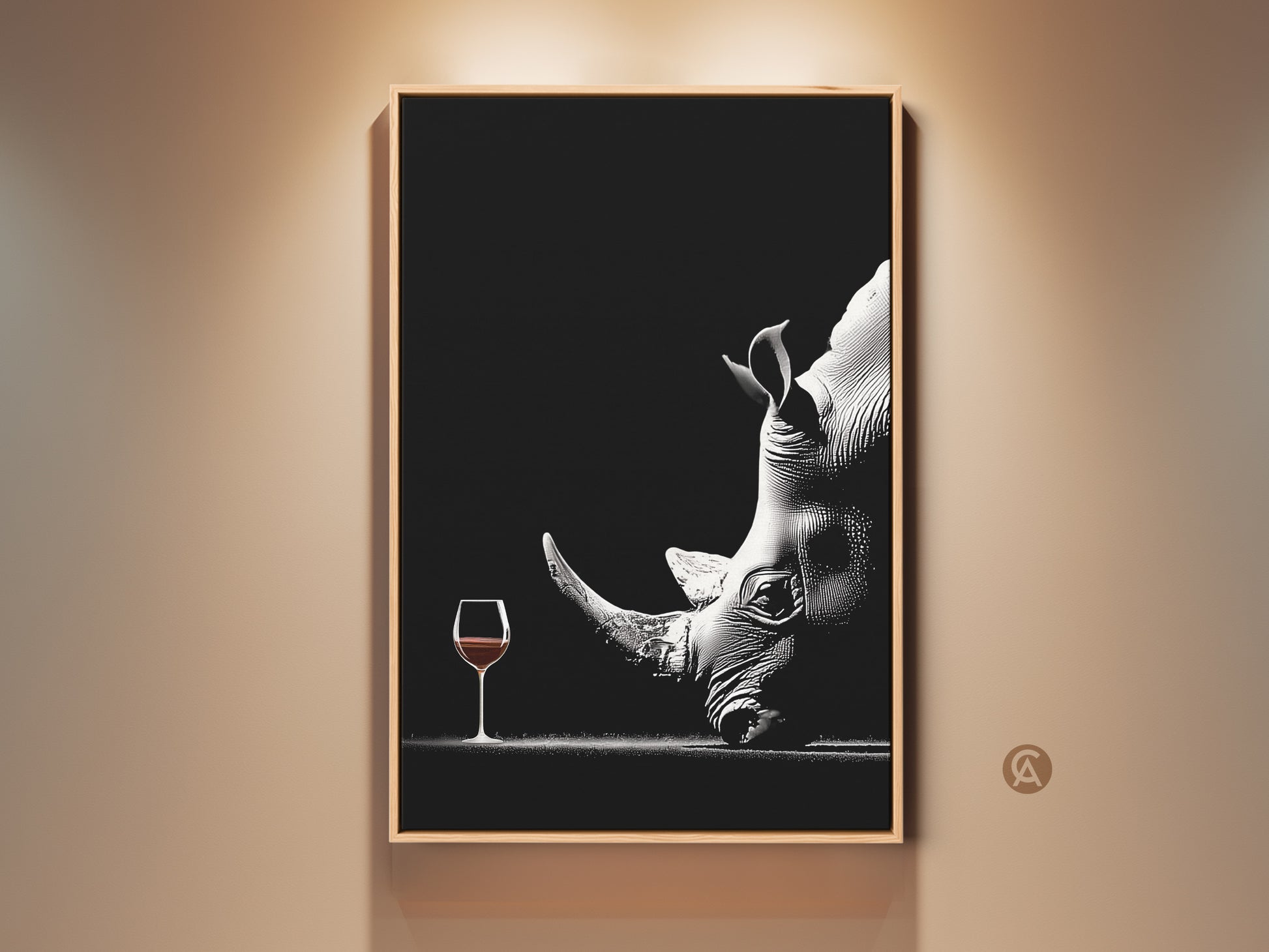 Enhance your space with this surreal rhino art print. A monochrome wildlife canvas features a rhino with a wine glass. Perfect contemporary decor for a home office or a unique animal gift. Add an elegant and unusual artwork piece. This black and white animal art will be a great conversation starter.