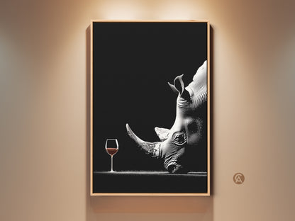 Enhance your space with this surreal rhino art print. A monochrome wildlife canvas features a rhino with a wine glass. Perfect contemporary decor for a home office or a unique animal gift. Add an elegant and unusual artwork piece. This black and white animal art will be a great conversation starter.
