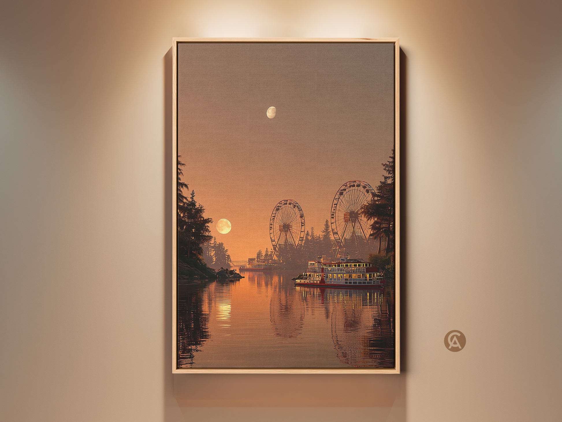 Framed amusement park landscape art. This canvas print features a golden sunset over a retro park. See the ferris wheels and steamboat reflected in the water. A perfect nostalgic travel gift and warm color wall hanging.