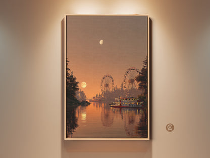 Framed amusement park landscape art. This canvas print features a golden sunset over a retro park. See the ferris wheels and steamboat reflected in the water. A perfect nostalgic travel gift and warm color wall hanging.