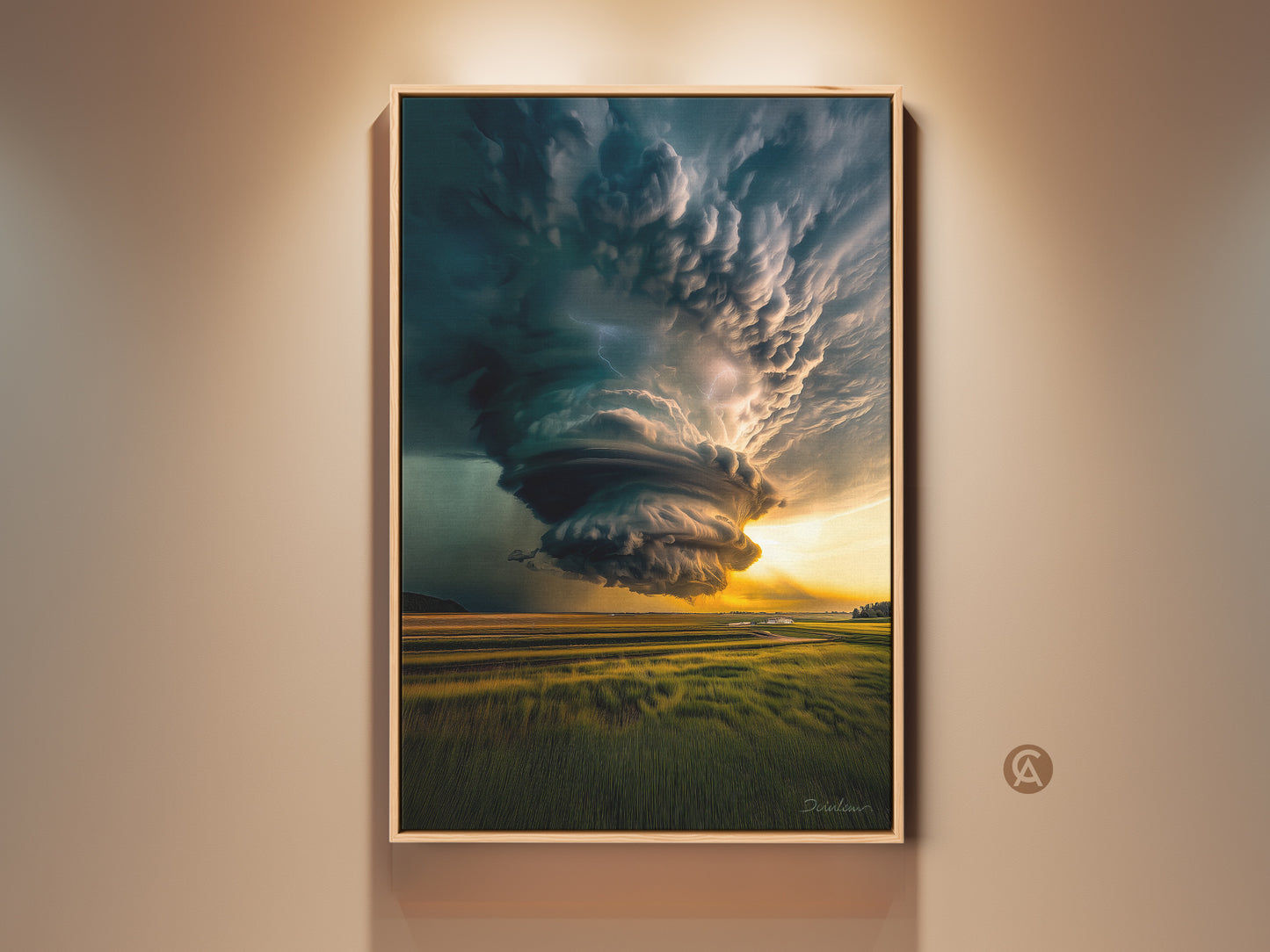 Dramatic tornado storm artwork in a wood frame hangs on a beige wall. This canvas print shows teal and yellow colors in a modern style. It is perfect for nature wall decor in bedroom or office spaces. This is an adventurous gift or housewarming present.