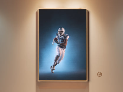 A dynamic American Football canvas print adds an athletic vibe. The teal and white sports artwork is a great focal point. Perfect for a man cave office or a sports enthusiast's room. It's a fantastic gift for football fans.