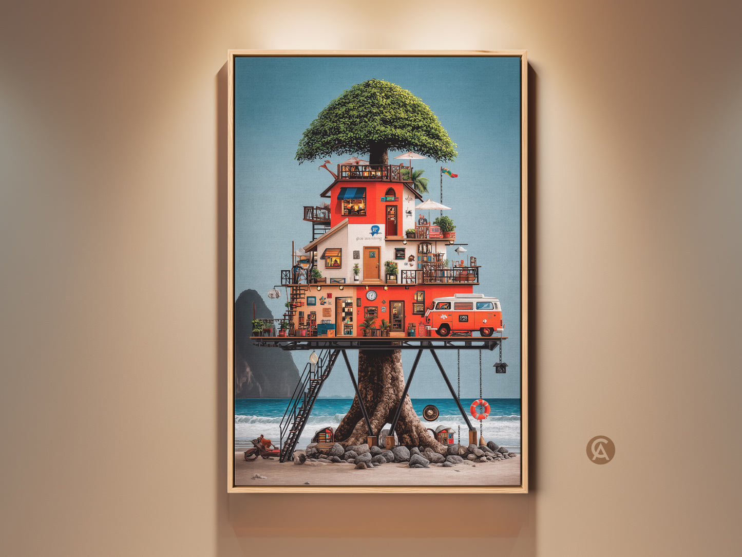 A striking canvas art piece showcases an eclectic treehouse built around a tree on a beach. A vintage camper van adds to the charm. The red orange and blue palette creates a whimsical adventure. It is perfect for housewarming or van-life enthusiasts. The artwork brings character to any space.