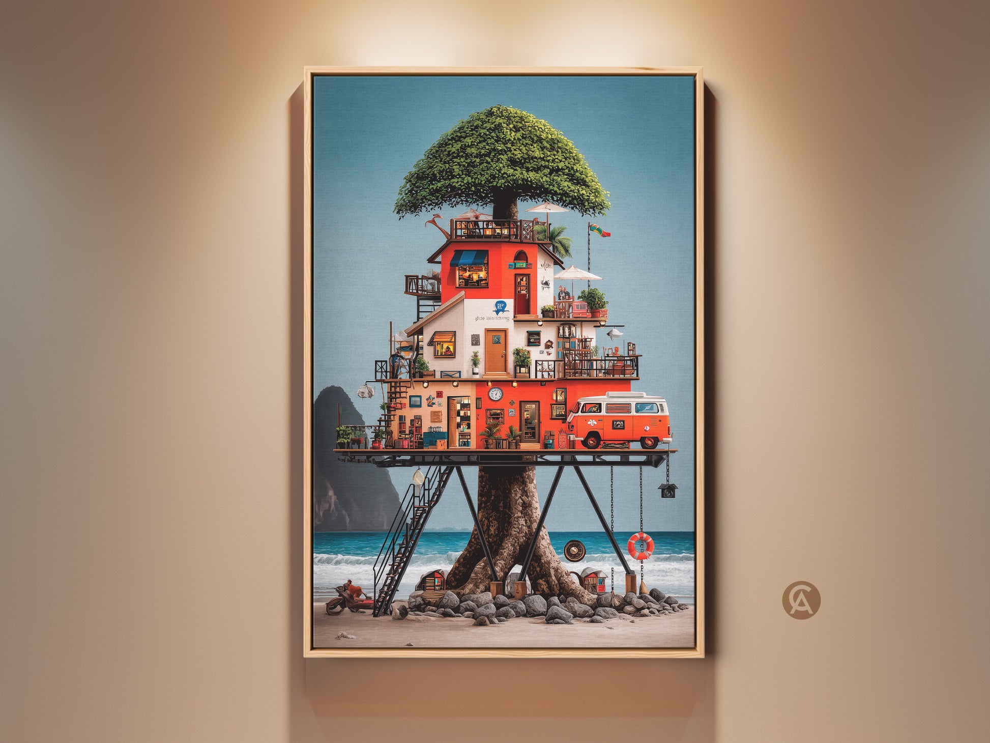 A striking canvas art piece showcases an eclectic treehouse built around a tree on a beach. A vintage camper van adds to the charm. The red orange and blue palette creates a whimsical adventure. It is perfect for housewarming or van-life enthusiasts. The artwork brings character to any space.