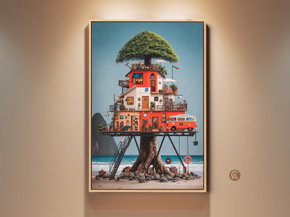 A striking canvas art piece showcases an eclectic treehouse built around a tree on a beach. A vintage camper van adds to the charm. The red orange and blue palette creates a whimsical adventure. It is perfect for housewarming or van-life enthusiasts. The artwork brings character to any space.