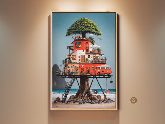 A striking canvas art piece showcases an eclectic treehouse built around a tree on a beach. A vintage camper van adds to the charm. The red orange and blue palette creates a whimsical adventure. It is perfect for housewarming or van-life enthusiasts. The artwork brings character to any space.