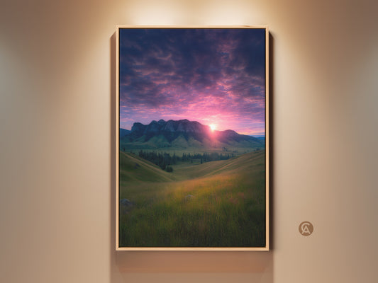 Framed photorealistic mountain sunset art print is displayed on a wall. This nature landscape decor features a pink and gold sky. It's a perfect housewarming gift for outdoor lovers. The canvas artwork adds scenic wonder to any room. It is ideal for bedroom wall art in a modern farmhouse style.