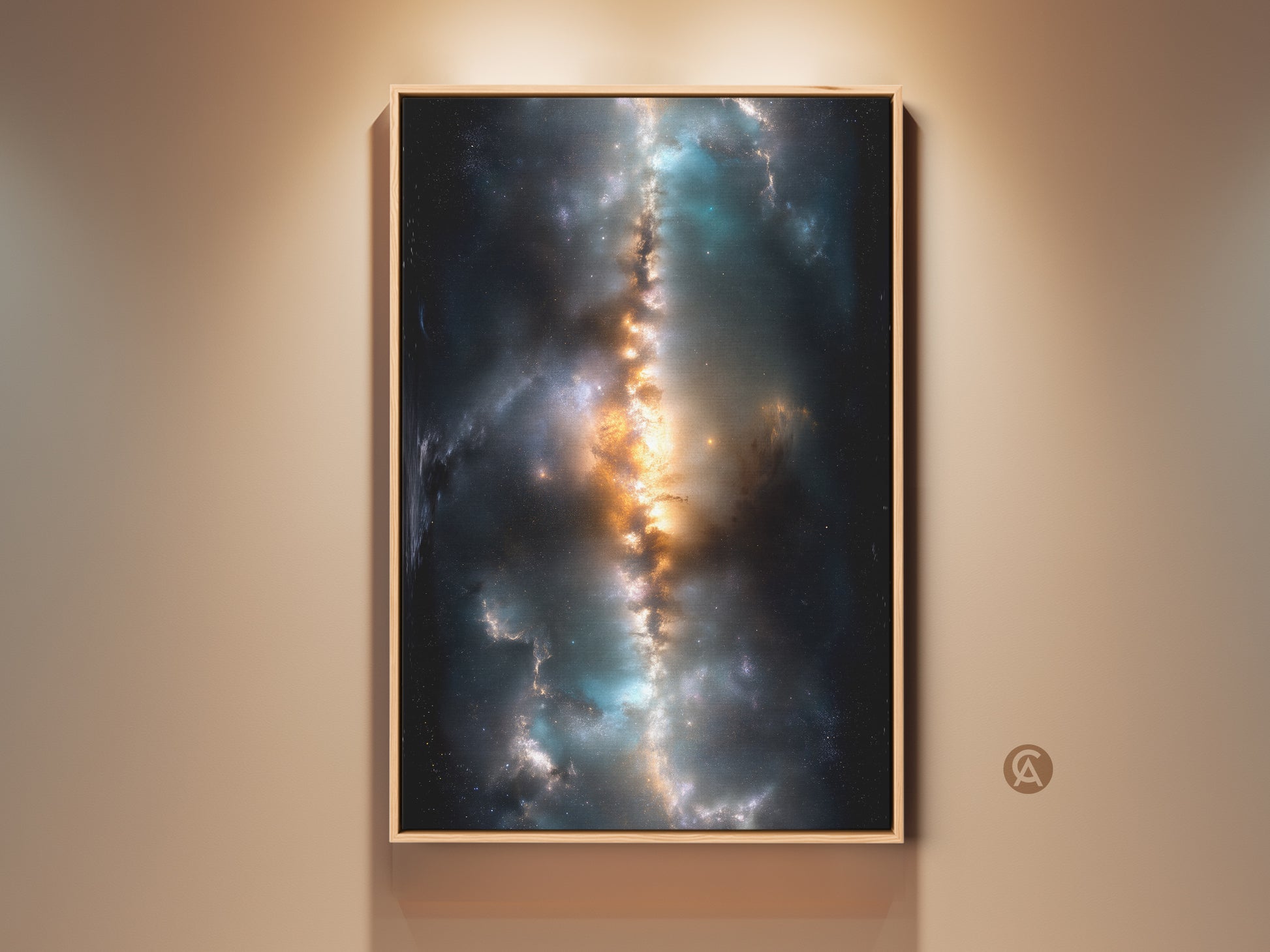 Cosmic artwork of a Nebula on a wall. The framed canvas adds a touch of elegance. Perfect for space lovers this artwork brings the universe to your home. This nebula canvas art is a captivating piece for any room.