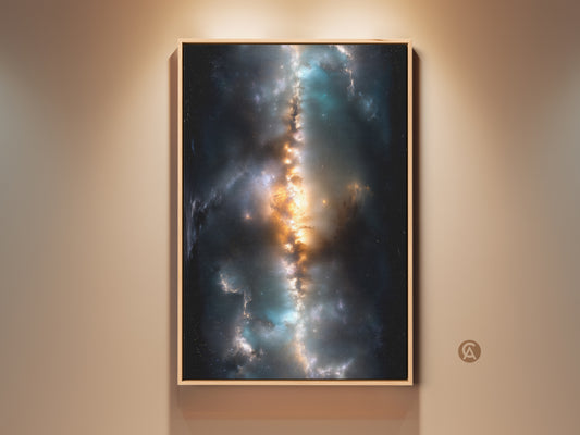 Cosmic artwork of a Nebula on a wall. The framed canvas adds a touch of elegance. Perfect for space lovers this artwork brings the universe to your home. This nebula canvas art is a captivating piece for any room.