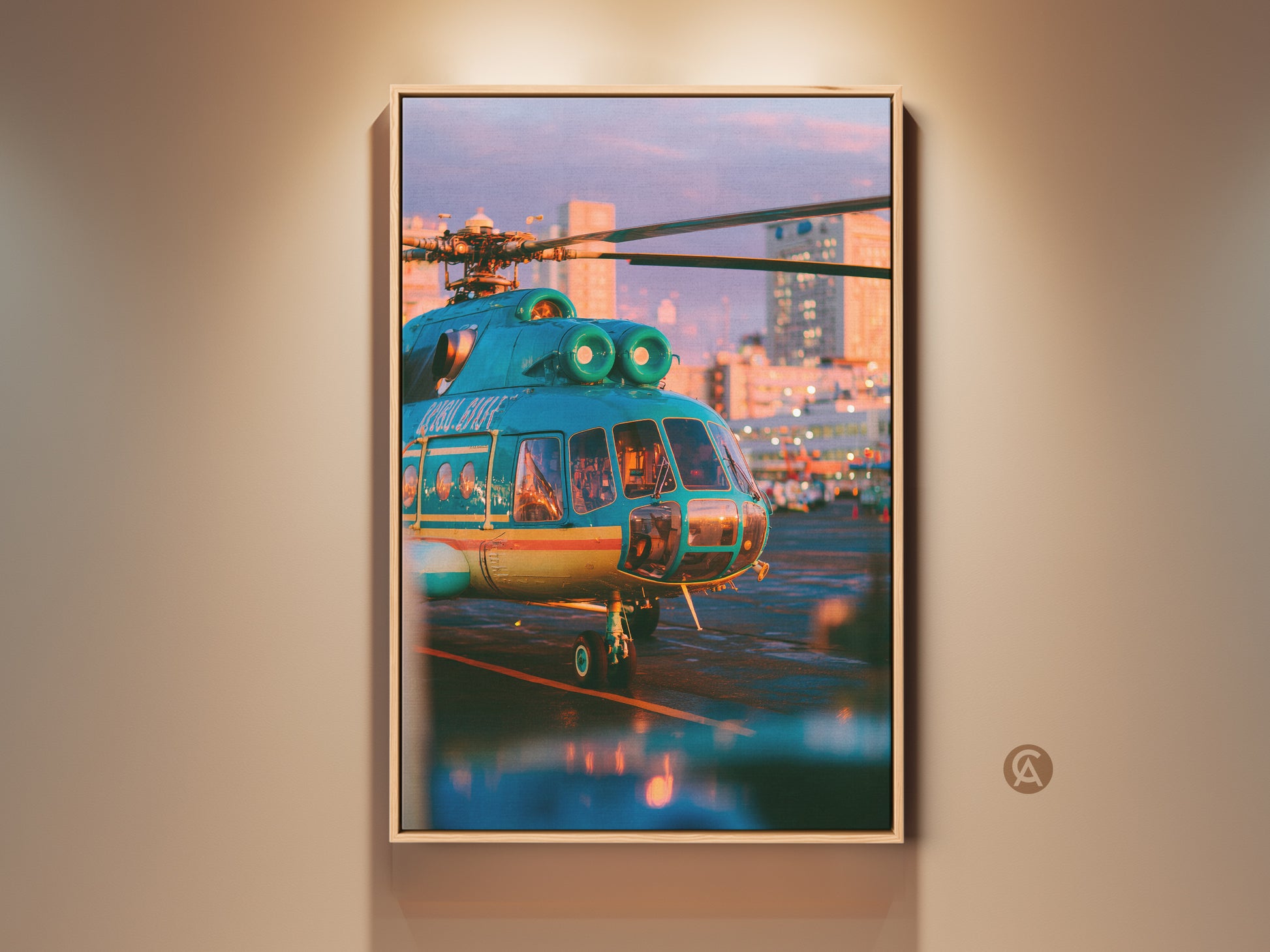 A captivating framed artwork featuring a teal helicopter at sunset. The vibrant colors and sharp details bring this aviation scene to life. Perfect for adding a touch of adventure to any room. This striking piece is a must-have for aviation enthusiasts and art collectors alike. Order yours today