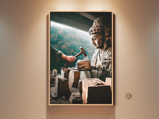 Spiritual Buddha sculpture art print. The artwork shows a carved artistic figurine canvas in bronze brown and teal. This wall decor is perfect for meditation and study rooms. It makes an eclectic home decor gift or a unique housewarming present. A spiritual wall hanging that enhances mindful living decor