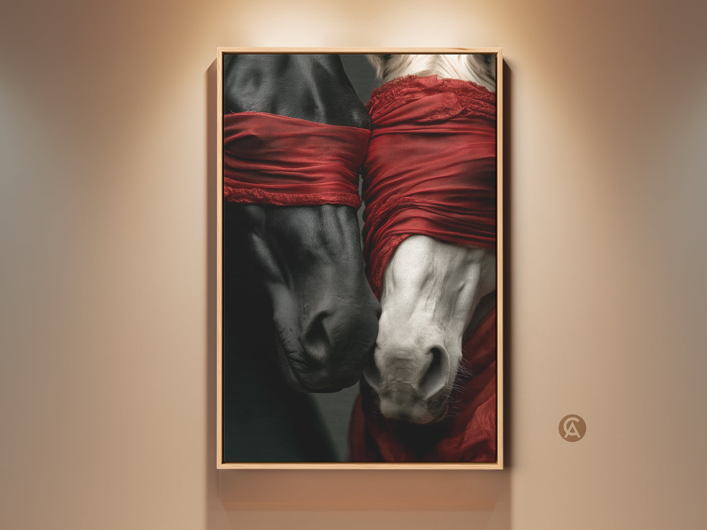 Dramatic surreal horse art print. Black and white horses are connected by a vibrant red fabric blindfold. This eclectic bedroom decor adds a unique touch. A perfect gift for horse lovers. It's striking modern horse art.