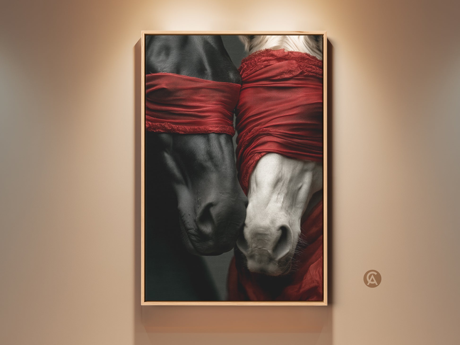 Dramatic surreal horse art print. Black and white horses are connected by a vibrant red fabric blindfold. This eclectic bedroom decor adds a unique touch. A perfect gift for horse lovers. It's striking modern horse art.