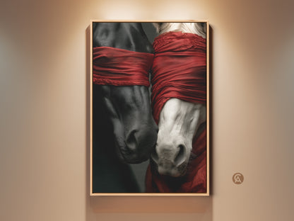 Dramatic surreal horse art print. Black and white horses are connected by a vibrant red fabric blindfold. This eclectic bedroom decor adds a unique touch. A perfect gift for horse lovers. It's striking modern horse art.
