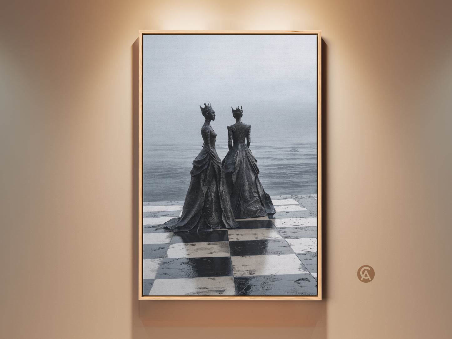 Monochrome Chess Queen Canvas Art Print displayed in a room setting. This surreal black and white wall art features two regal chess queens on a chessboard. Perfect eclectic decor for chess enthusiasts and strategy lovers.