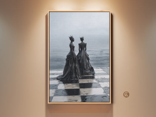 Monochrome Chess Queen Canvas Art Print displayed in a room setting. This surreal black and white wall art features two regal chess queens on a chessboard. Perfect eclectic decor for chess enthusiasts and strategy lovers.