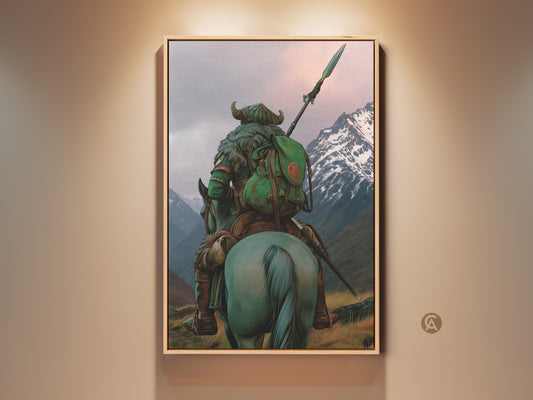 Explore adventure with this dark fantasy warrior art print. A medieval horse rider journeys through a teal and grey landscape. This warrior with spear artwork offers a unique eclectic wall art for bedroom or office. A perfect fantasy gift for him. Add rugged mythical charm to any space with this canvas print.