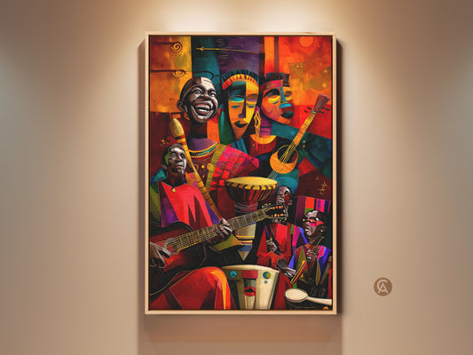 A vibrant canvas art print featuring African musicians. The artwork uses an abstract folk style. This eclectic wall decor brings a cultural touch to any room. It's a perfect gift for music lovers. The mix of red orange and teal colors creates a dynamic and lively composition.